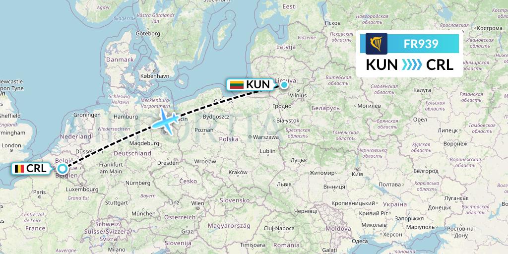 FR939 Ryanair Flight Map: Kaunas to Brussels