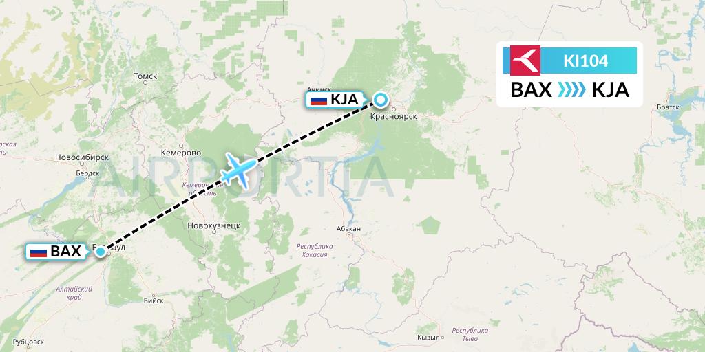 KI104 Krasavia Flight Map: Barnaul to Krasnoyarsk