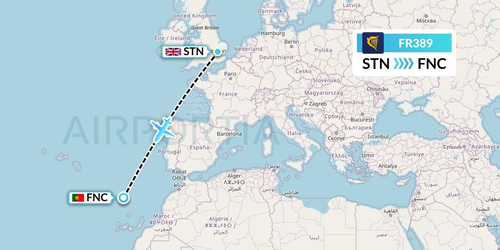 FR389 Ryanair Flight Map: London to Funchal