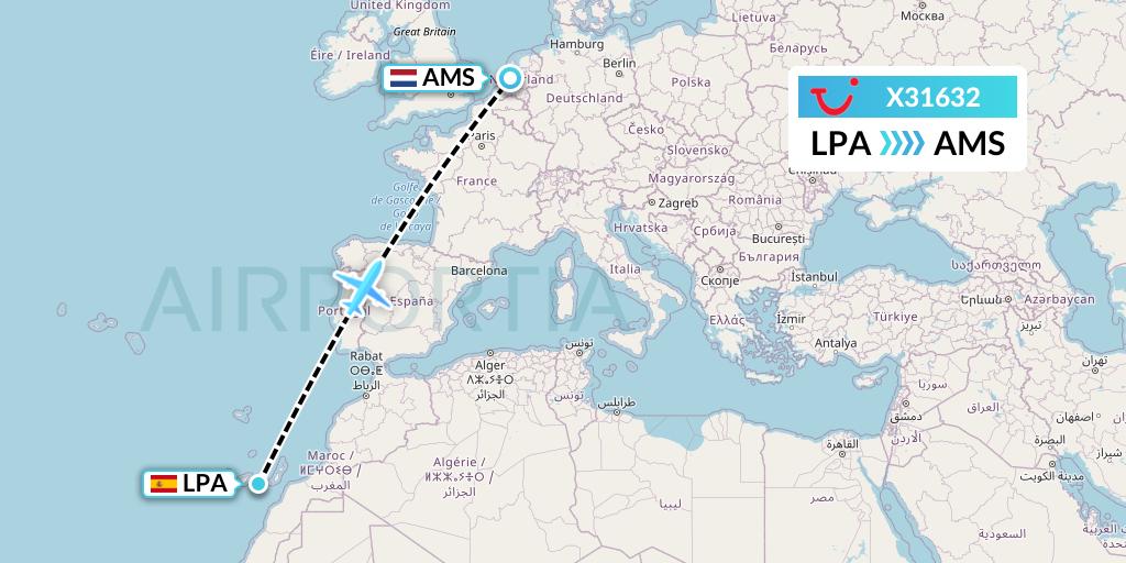 X31632 TUI fly Germany Flight Map: Las Palmas to Amsterdam