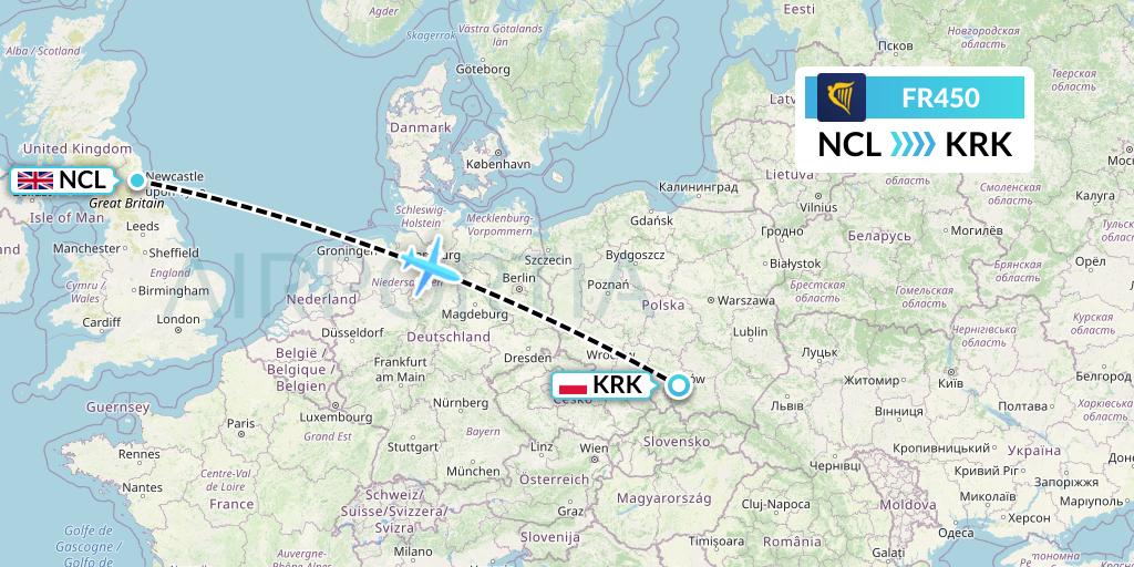 FR450 Ryanair Flight Map: Newcastle to Krakow