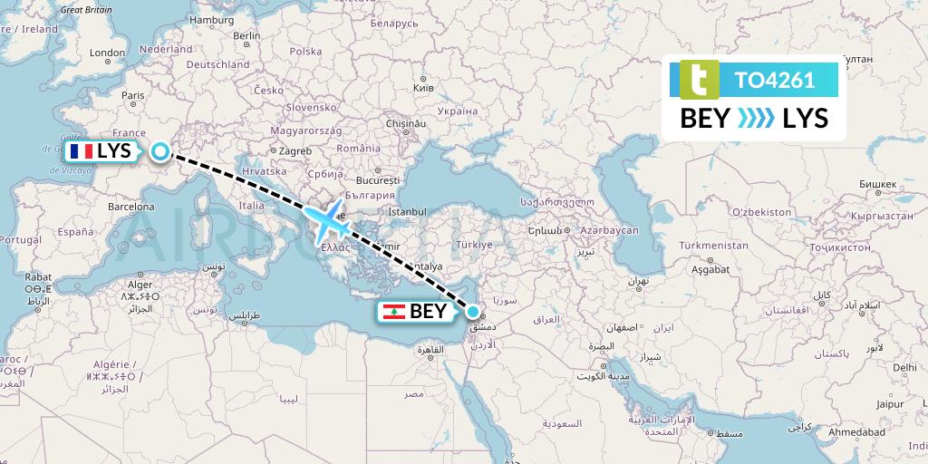 TO4261 Transavia France Flight Map: Beirut to Lyon