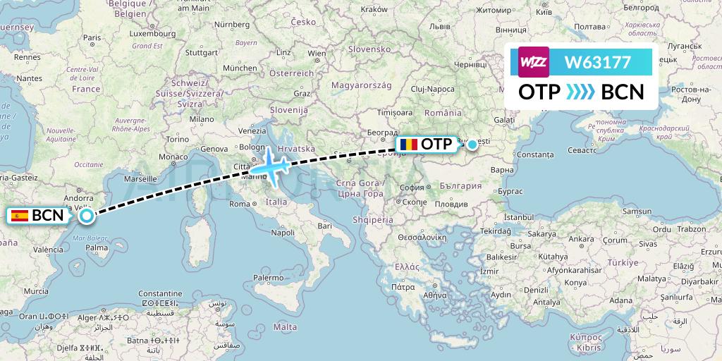 W63177 Wizz Air Flight Map: Bucharest to Barcelona