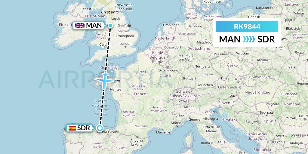 RK9844 Ryanair UK Flight Map: Manchester to Santander