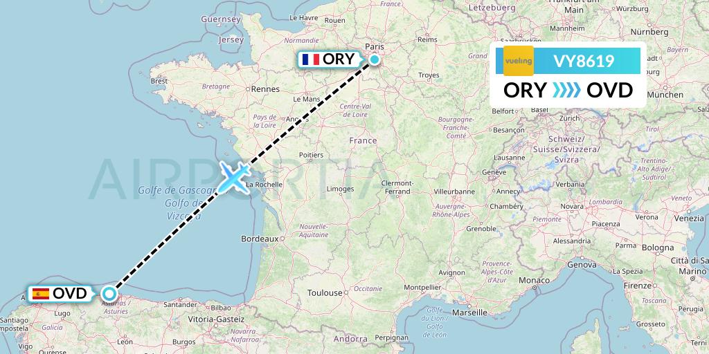 VY8619 Vueling Flight Map: Paris to Asturias
