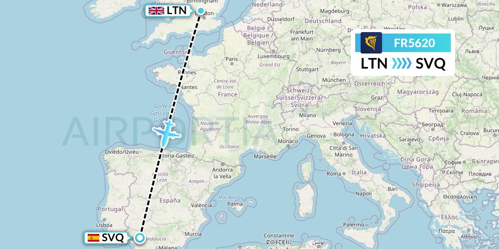 FR5620 Ryanair Flight Map: London to Seville