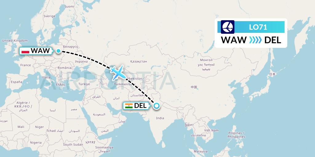 LO71 LOT Flight Map: Warsaw to Delhi