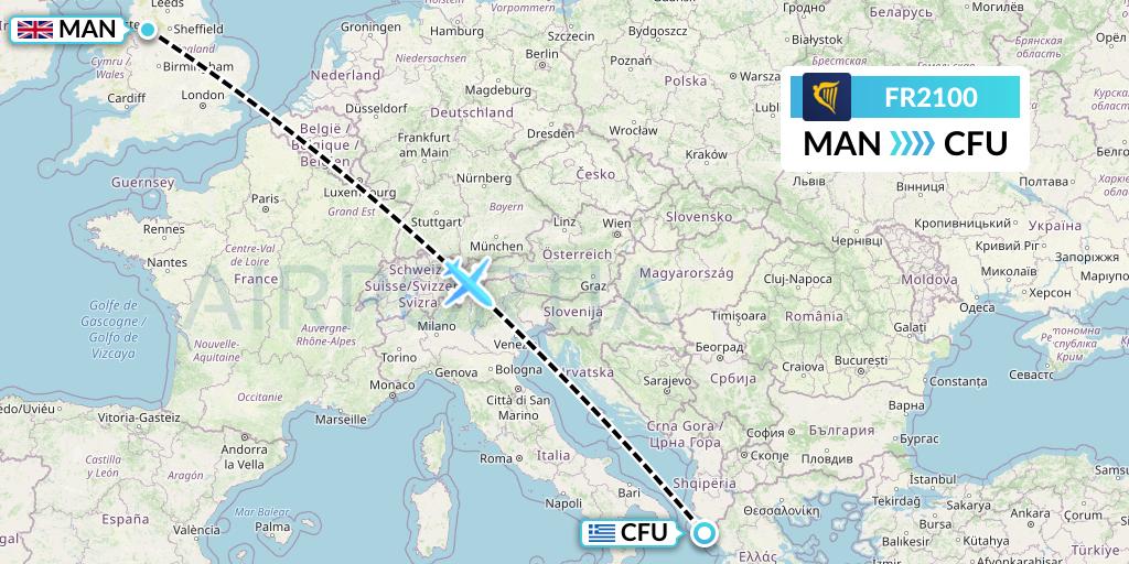 FR2100 Ryanair Flight Map: Manchester to Corfu