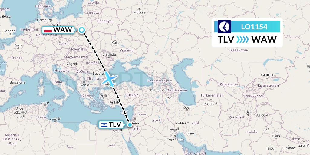 LO1154 LOT Flight Map: Tel Aviv to Warsaw