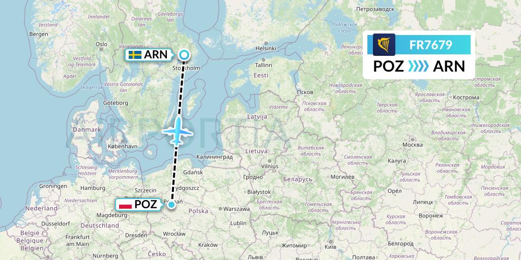 FR7679 Ryanair Flight Map: Poznan to Stockholm