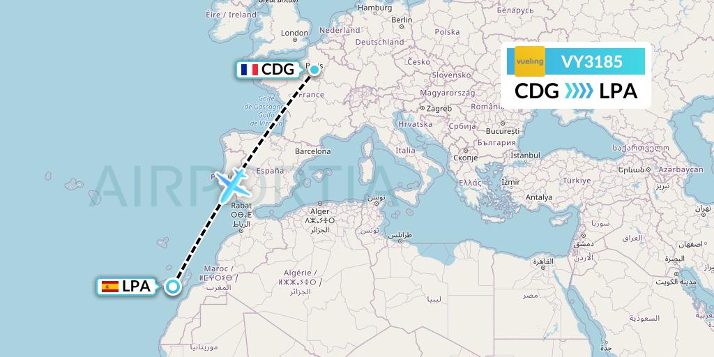 VY3185 Vueling Flight Map: Paris to Las Palmas