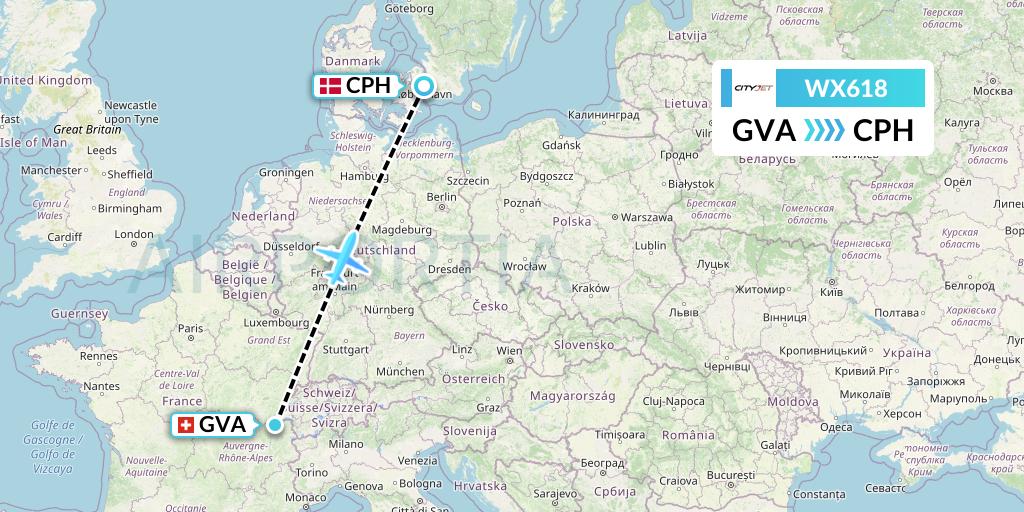 WX618 Cityjet Flight Map: Geneva to Copenhagen