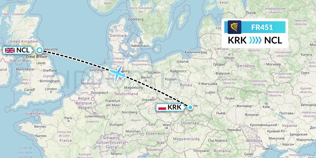 FR451 Ryanair Flight Map: Krakow to Newcastle