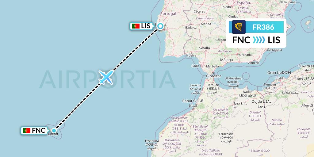 FR386 Ryanair Flight Map: Funchal to Lisbon