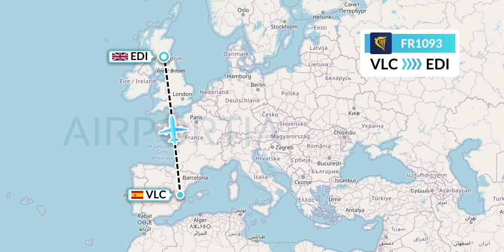 FR1093 Ryanair Flight Map: Valencia to Edinburgh