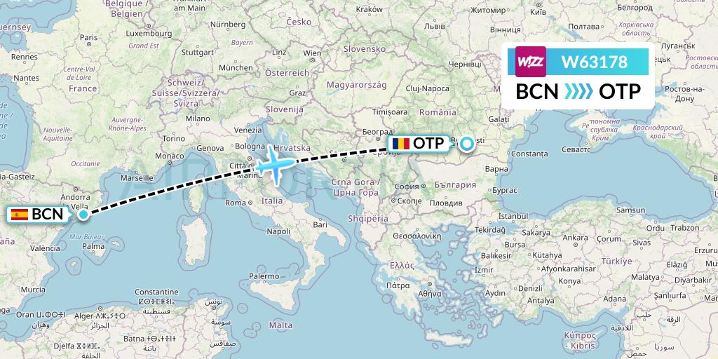 W63178 Wizz Air Flight Map: Barcelona to Bucharest