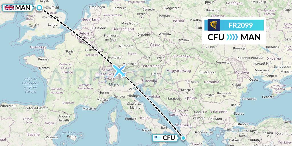 FR2099 Ryanair Flight Map: Corfu to Manchester