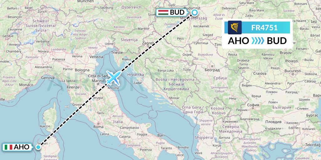 FR4751 Ryanair Flight Map: Alghero to Budapest