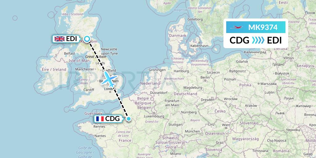 MK9374 Air Mauritius Flight Map: Paris to Edinburgh