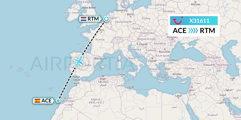 X31611 TUI fly Germany Flight Map: Lanzarote to Rotterdam