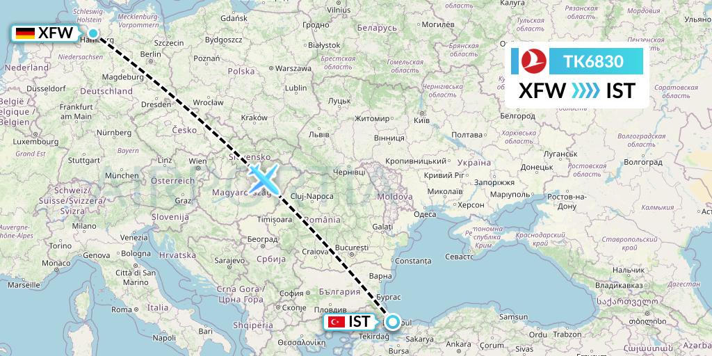 TK6830 Turkish Airlines Flight Map: Hamburg to Istanbul
