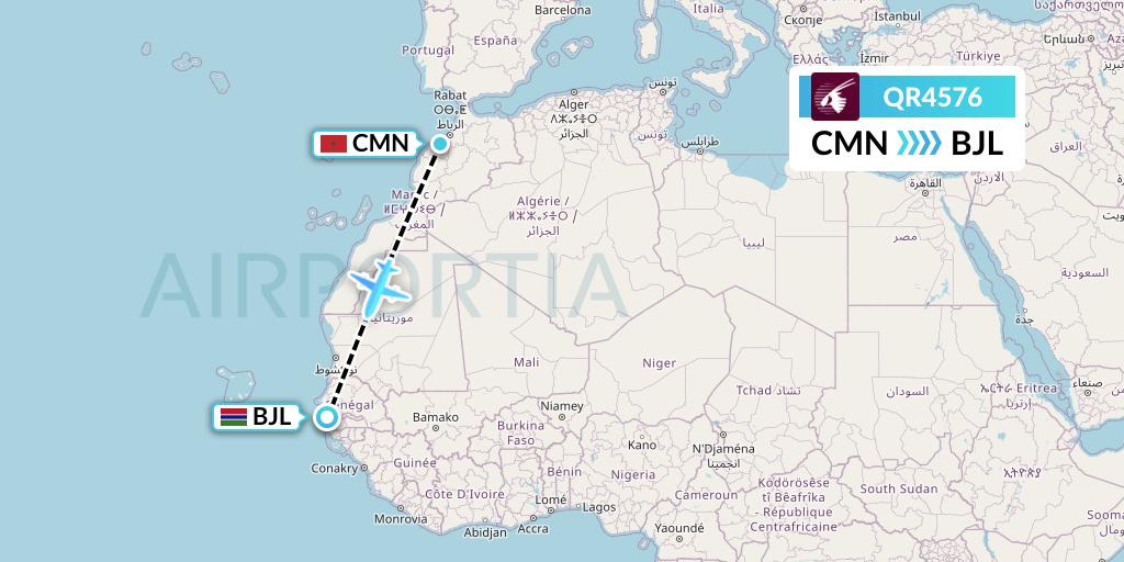 QR4576 Qatar Airways Flight Map: Casablanca to Banjul