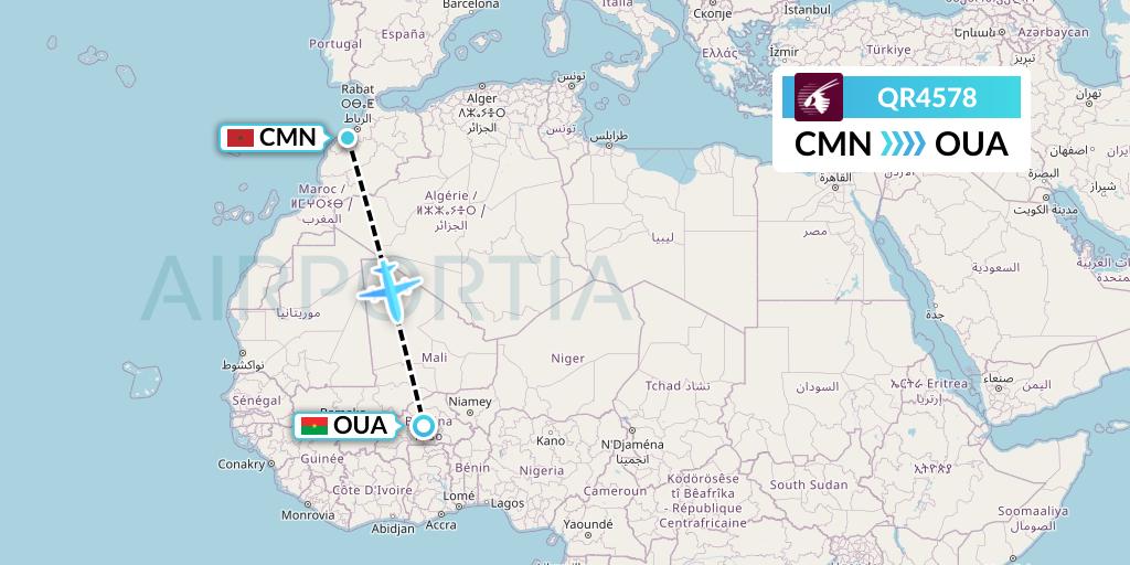 QR4578 Qatar Airways Flight Map: Casablanca to Ouagadougou