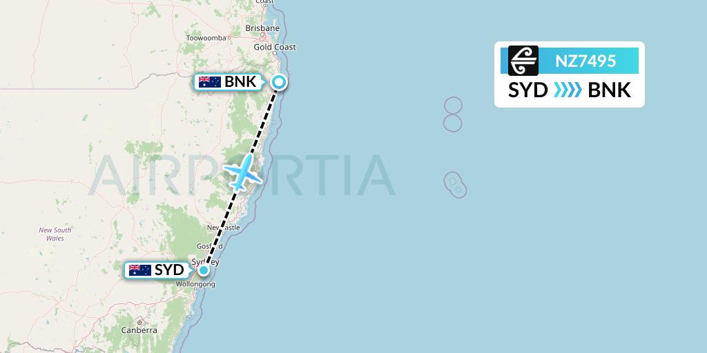 NZ7495 Air New Zealand Flight Map: Sydney to Ballina