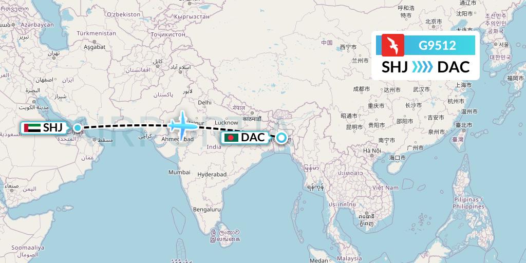 G9512 Air Arabia Flight Map: Sharjah to Dhaka