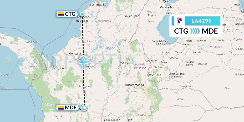 LA4299 LAN Airlines Flight Map: Cartagena to Medellin