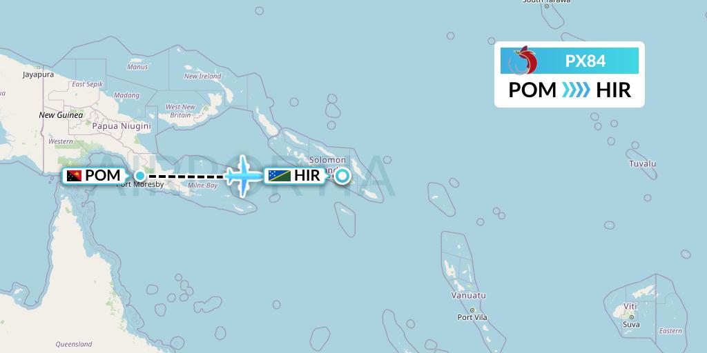 PX84 Air Niugini Flight Map: Port Moresby to Honiara