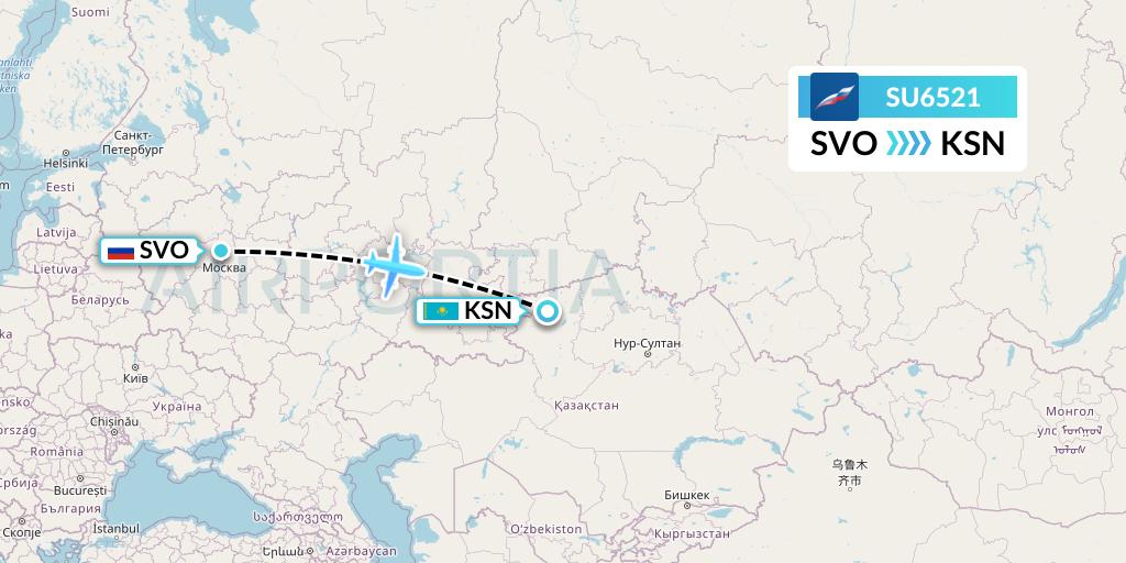 SU6521 Aeroflot Flight Map: Moscow to Kostanay
