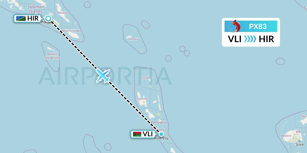 PX83 Air Niugini Flight Map: Port Vila to Honiara