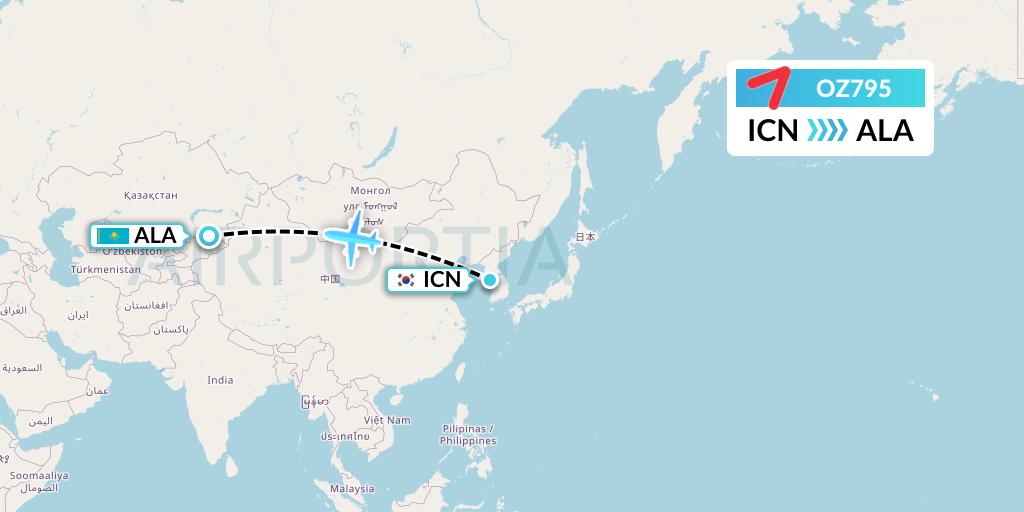 OZ795 Asiana Airlines Flight Map: Seoul to Almaty