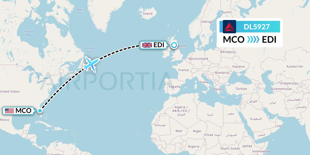 DL5927 Delta Air Lines Flight Map: Orlando to Edinburgh