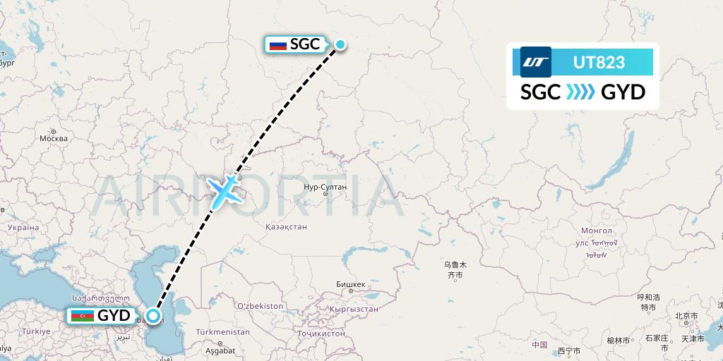 UT823 UTair Flight Map: Surgut to Baku