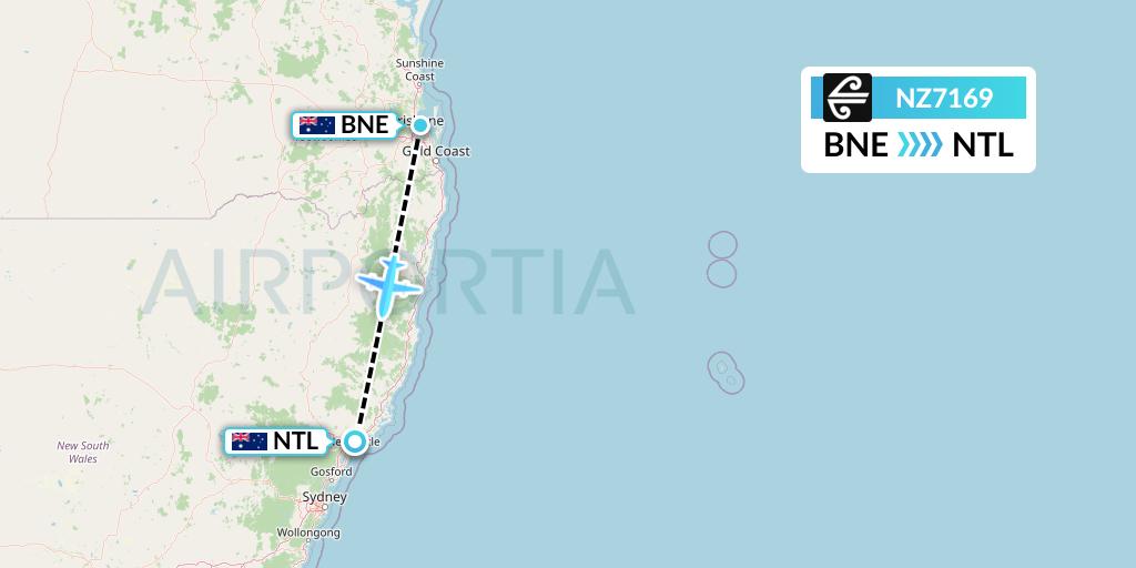 NZ7169 Air New Zealand Flight Map: Brisbane to Newcastle