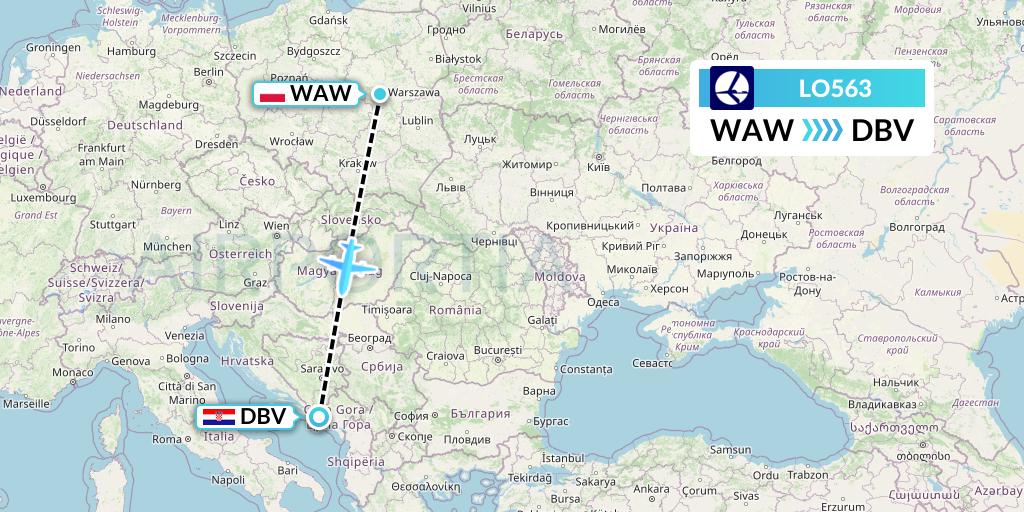 LO563 LOT Flight Map: Warsaw to Dubrovnik
