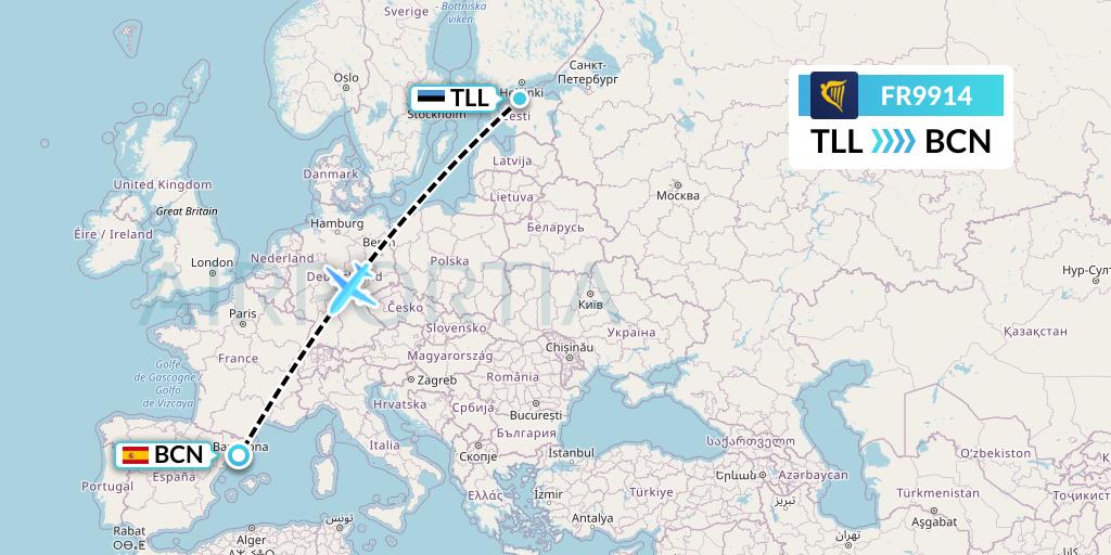 FR9914 Ryanair Flight Map: Tallinn to Barcelona
