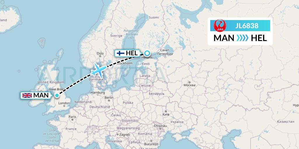 JL6838 Japan Airlines Flight Map: Manchester to Helsinki