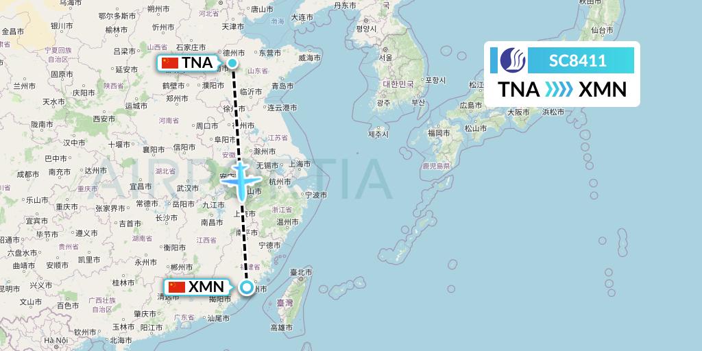 SC8411 Shandong Airlines Flight Map: Jinan to Xiamen