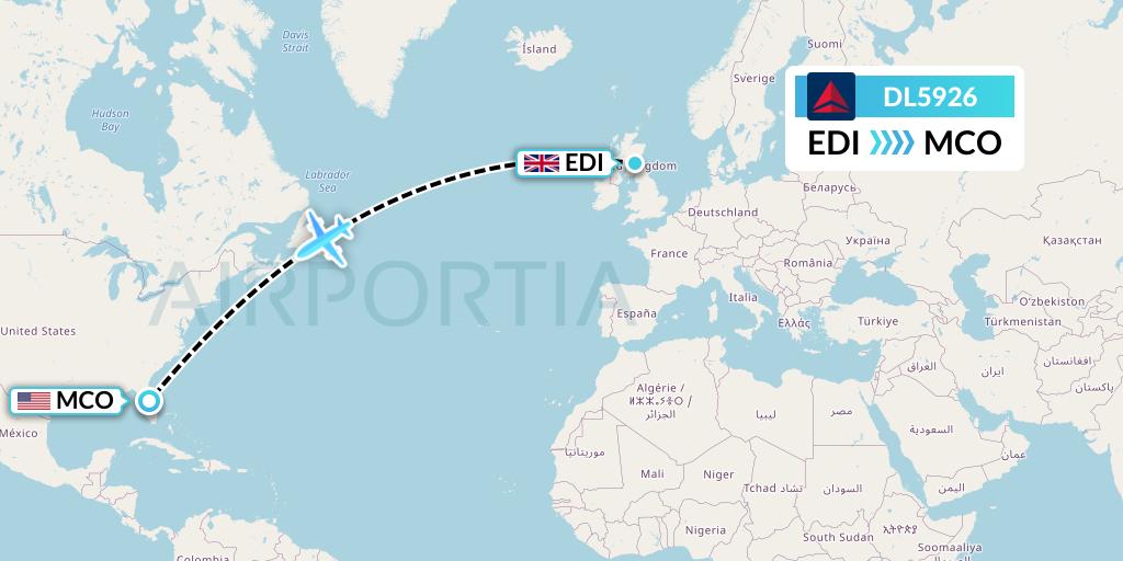 DL5926 Delta Air Lines Flight Map: Edinburgh to Orlando