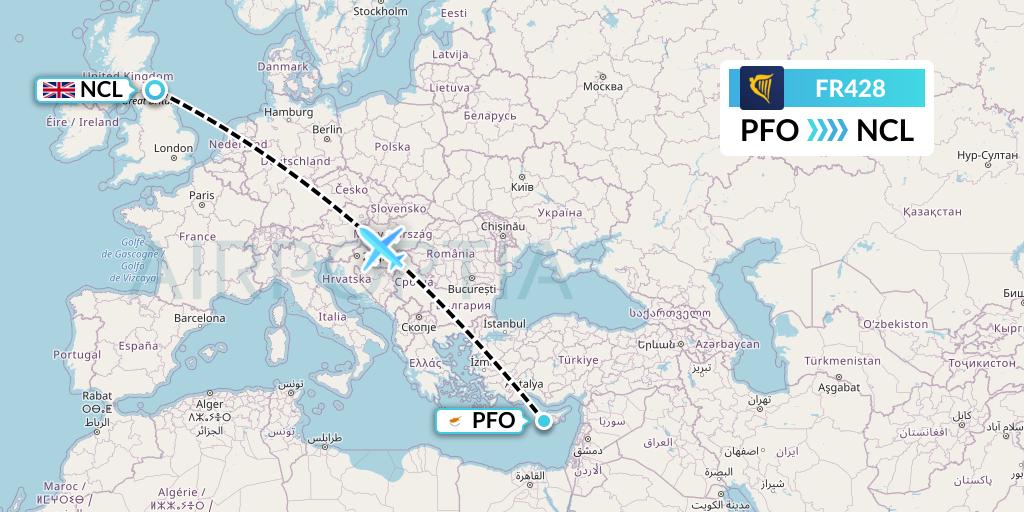 FR428 Ryanair Flight Map: Pafos to Newcastle