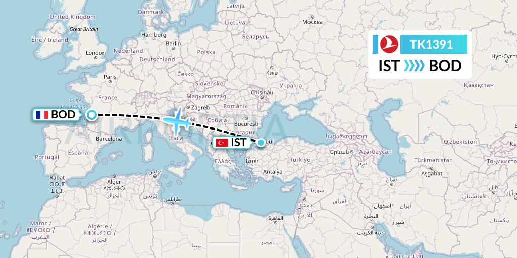 TK1391 Turkish Airlines Flight Map: Istanbul to Bordeaux