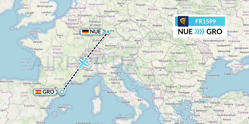FR1599 Ryanair Flight Map: Nurnberg to Girona