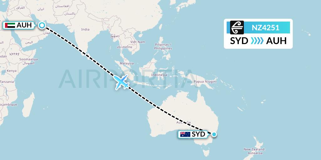 NZ4251 Air New Zealand Flight Map: Sydney to Abu Dhabi