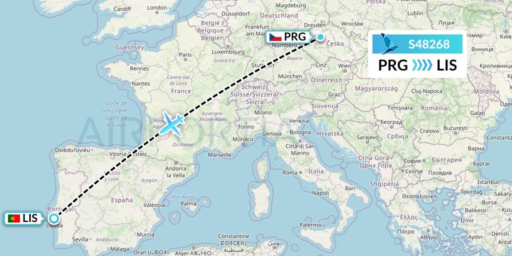 S48268 Azores Airlines Flight Map: Prague to Lisbon