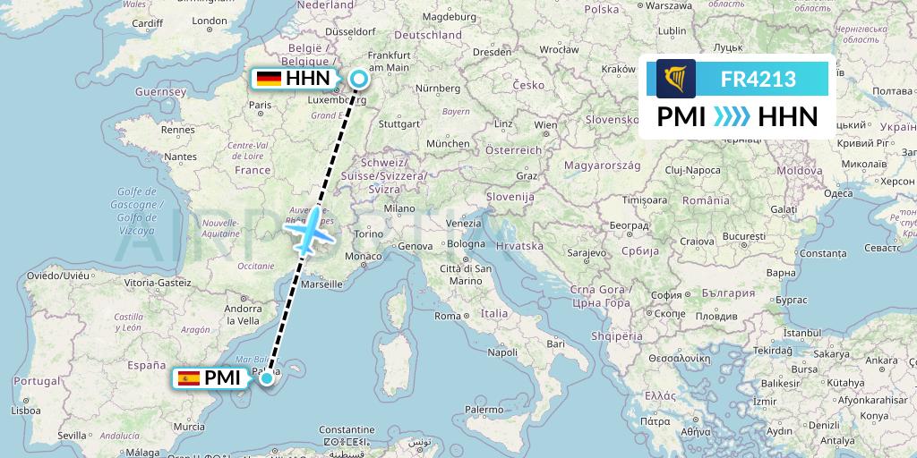 FR4213 Ryanair Flight Map: Palma de Mallorca to Hahn
