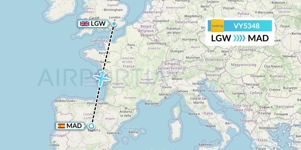 VY5348 Vueling Flight Map: London to Madrid