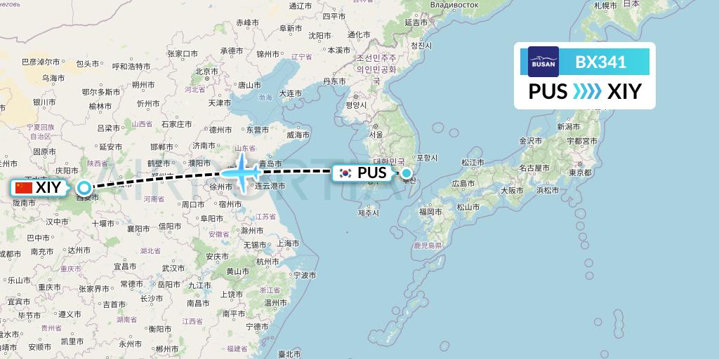 BX341 Air Busan Flight Map: Busan to Xi'an